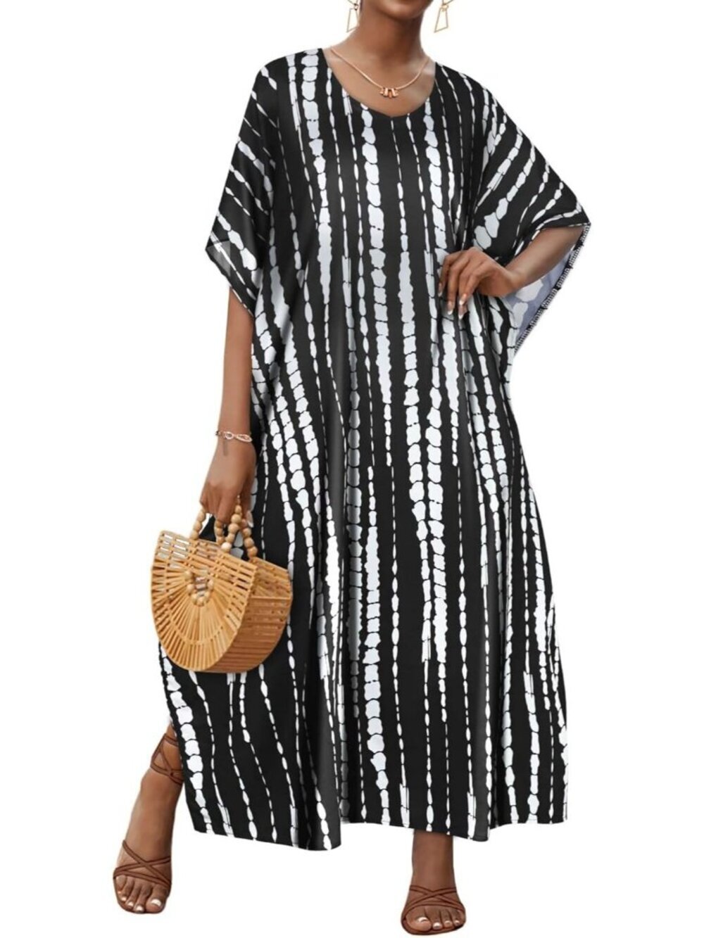Women's Black White Stripes Plus Size V Neck Caftan Long Batwing Sleeve Cover Up